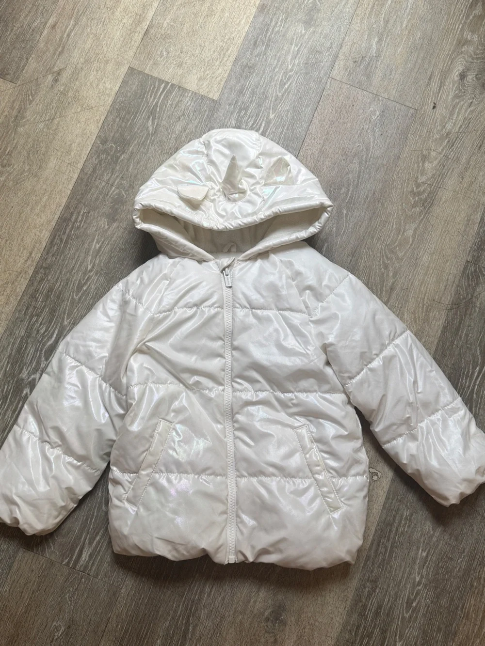 Old Navy Iridescent White Puffer Jacket with Hood and Horns